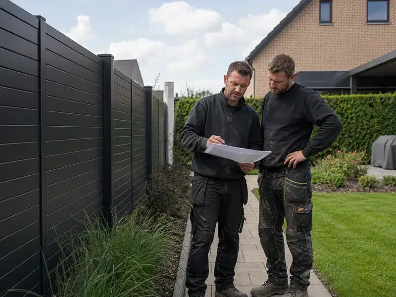 Entrepreneurs de parcs et jardins préparant un projet de clôture en Brabant wallon