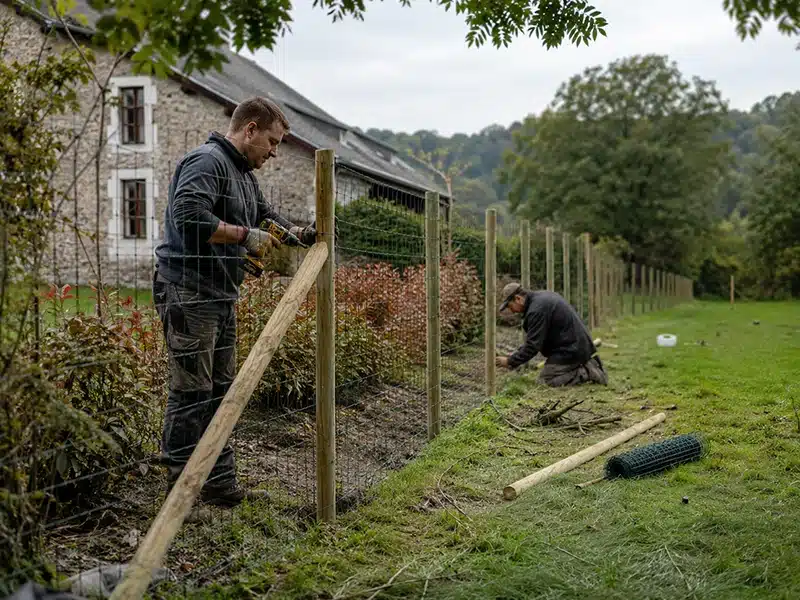 Entrepreneur de parcs et jardins installant une clôture dans la région namuroise