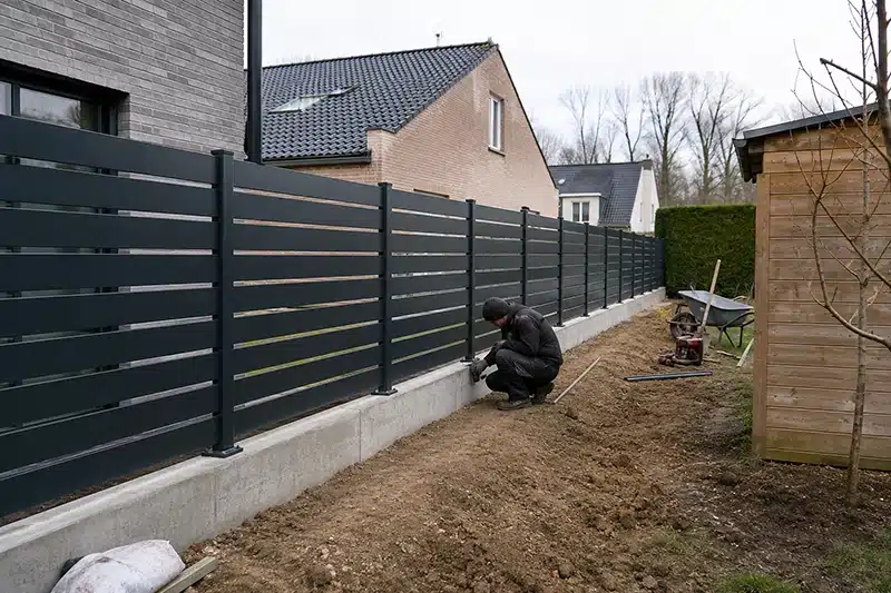 Terrassier travaillant le long d’une clôture sur un chantier en Brabant wallon